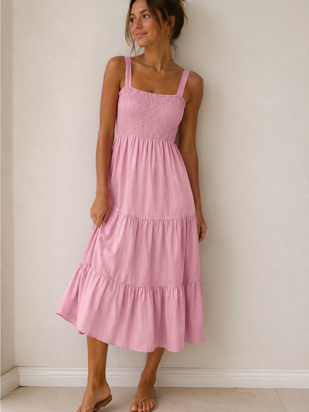 Zara Smocked Tiered Midi Dress – Pink